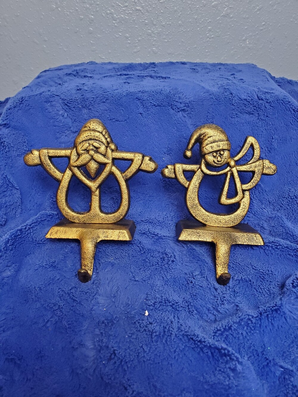 Pair Of Gold Cast Iron Santa And Snowman Christmas Stocking Holders